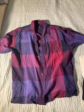 Nautica 100% linen purple plaid short sleeve button up shirt size XL